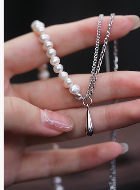 极速饰悟银饰天然珍珠拼接项链轻奢小众设计感M嘻哈风项链2021年