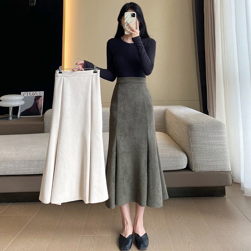 极速灰色鹿皮绒半身裙女秋冬款高腰a字中长款包臀伞X裙休闲复古鱼