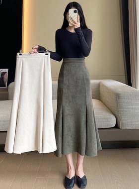 极速灰色鹿皮绒半身裙女秋冬款高腰a字中长款包臀伞X裙休闲复古鱼