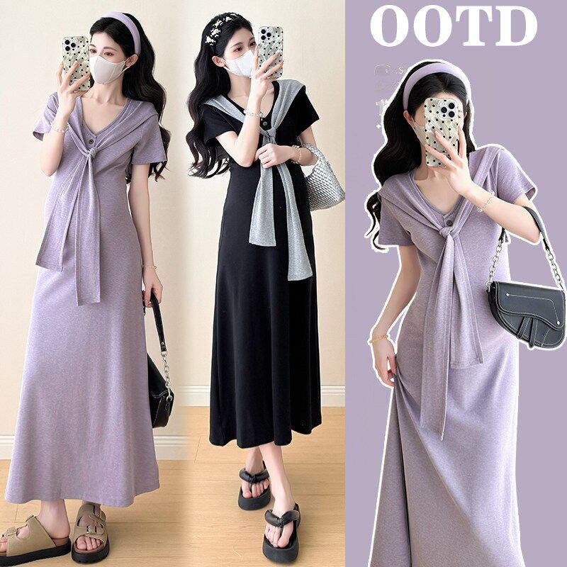 极速孕妇连衣裙夏季2025新款潮妈气质针织N修身裙子披肩两件套装