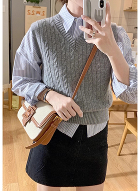 极速韩版气质减龄灰色针织马甲女B春洋气时尚外搭叠穿v领毛衣背心