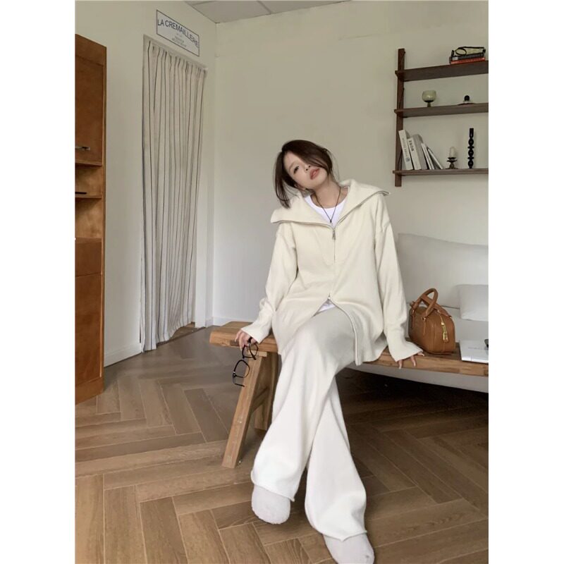 极速蓝色b毛衣套装女春秋新款双拉炼针织开衫外套阔腿休闲长裤子