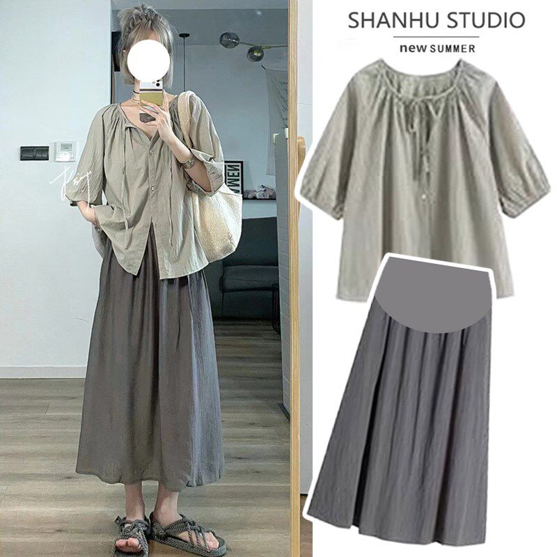 新品孕妇上衣夏季薄款潮妈夏装套装时尚短袖M衬衫宽松半身裙两件
