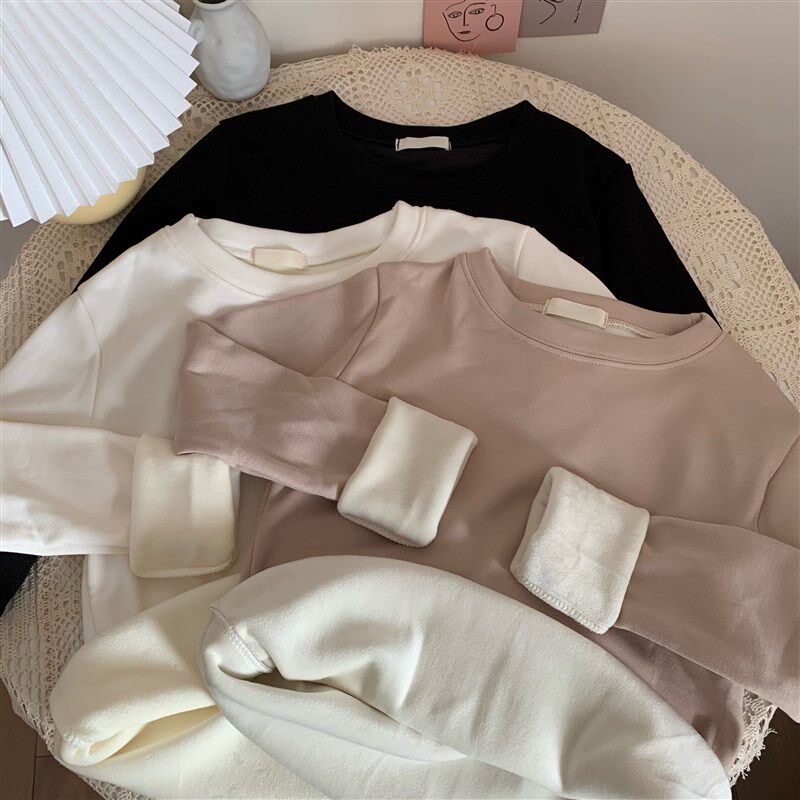极速白色内搭加绒加m厚保暖长袖T恤女春季宽松修身显瘦短款打底衫