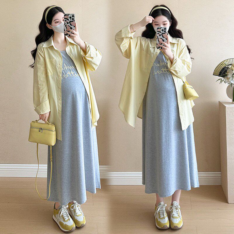 极速孕妇连衣裙h春夏款2025新款宽松遮肚背带裙过膝长裙网红套装