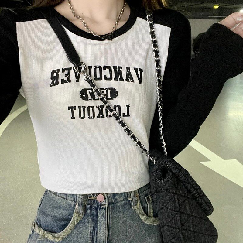 极速正肩长袖t恤女春秋内搭打底衫设计感L小众修身高腰短款小个子