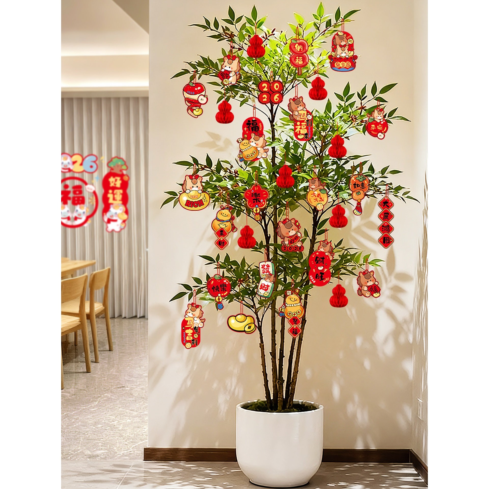 2026马年新年装饰挂件春节盆景小挂饰发财树上小灯笼过年布置用品