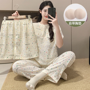 卡通拼色条纹腊肠狗大码 云朵棉三件套 睡衣女带胸垫一体春夏季 短袖