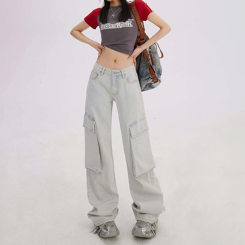 DTFT美式白色牛仔裤女宽松2024新款高腰显瘦阔腿工装直筒裤高街潮