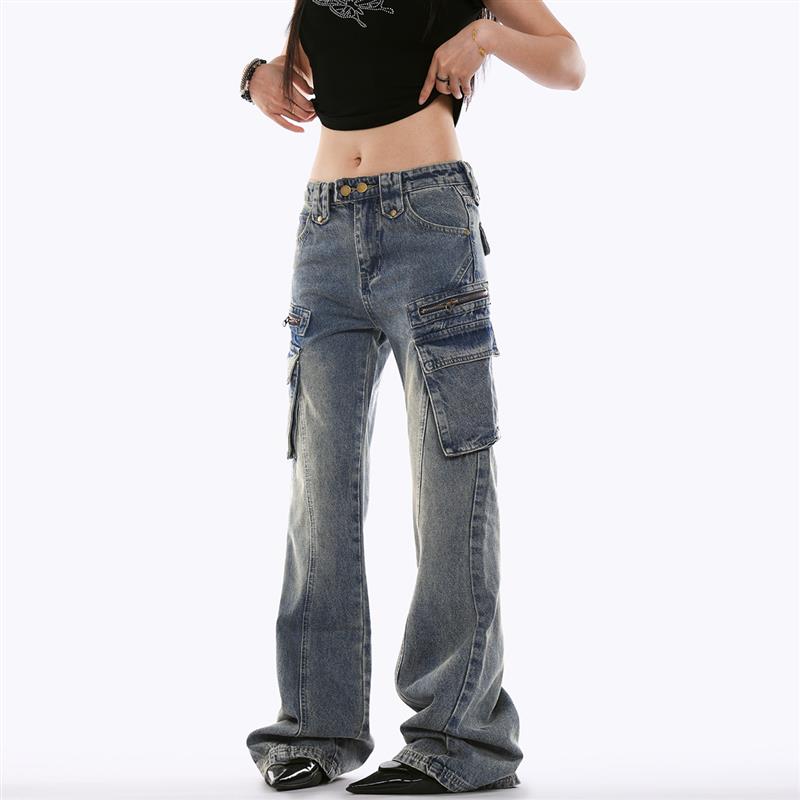 FORSCHE 潮流辣妹低腰微喇牛仔裤女修身显瘦设计感小众美式工装裤