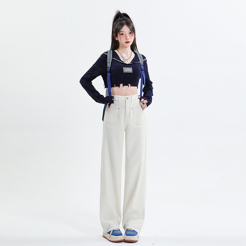 MNVZ米白色直筒牛仔裤女新款高腰宽松显瘦设计感加绒阔腿拖地裤子