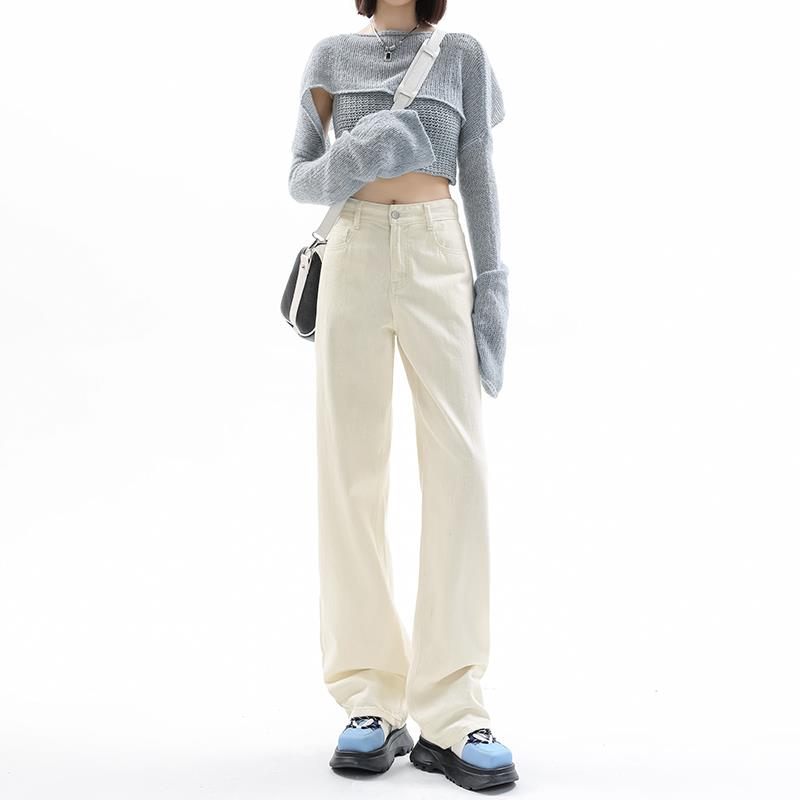 玫丝朵米白色窄版阔腿牛仔裤女直筒垂感高端高腰显瘦梨形身材裤子