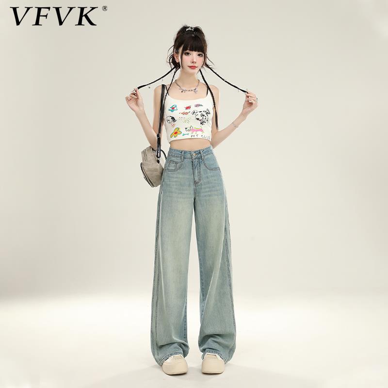 vfvk浅蓝色直筒牛仔裤2024新款女秋冬阔腿小个子裤子高腰宽松垂感