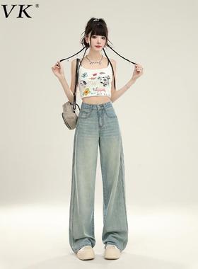 vfvk浅蓝色直筒牛仔裤2024新款女秋冬阔腿小个子裤子高腰宽松垂感