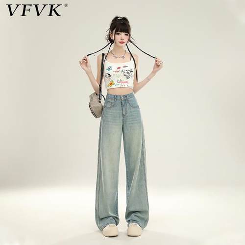 vfvk浅蓝色直筒牛仔裤2024新款女秋冬阔腿小个子裤子高腰宽松垂感
