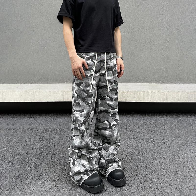 BLAEXIT美式复古hiphop灰白色迷彩工装裤男多口袋设计直筒阔腿裤