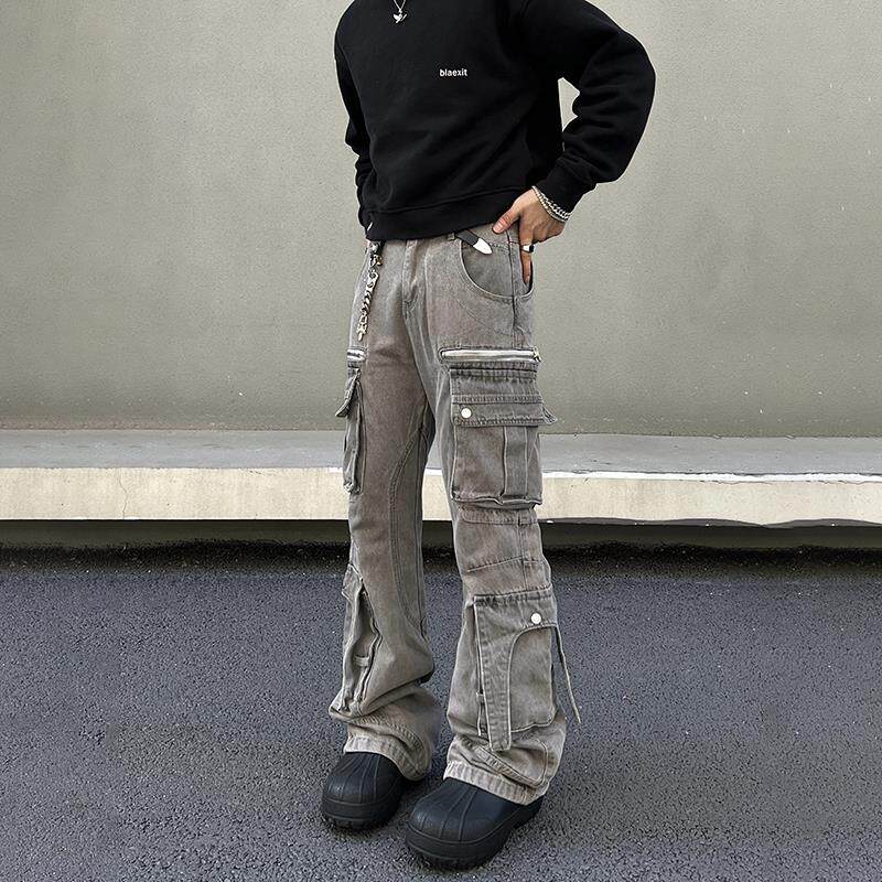 BLAEXIT美式重工炮弹牛仔裤工装男款多口袋微喇直筒cleanfit裤子