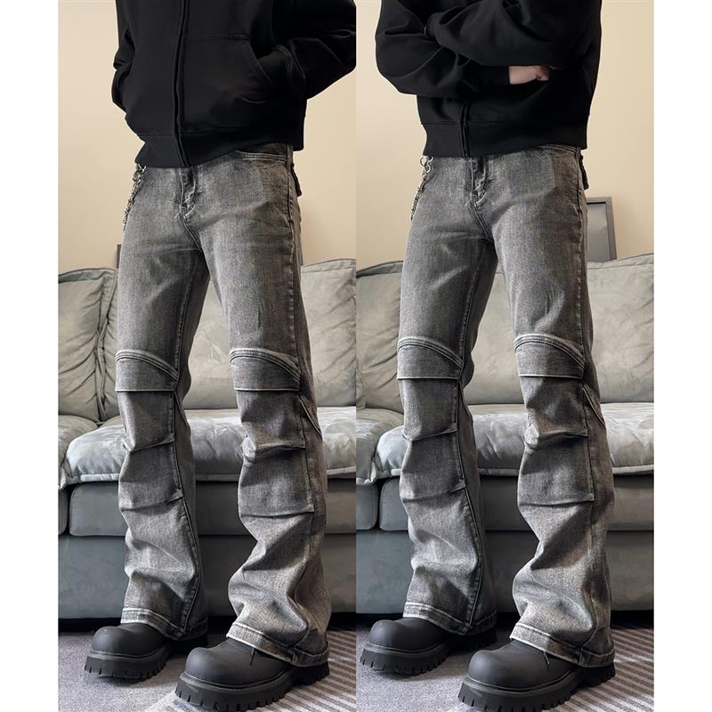 【高弹褶皱】甄枚前cleanfit王鹤棣同款废土风拼接dirtyfit牛仔裤