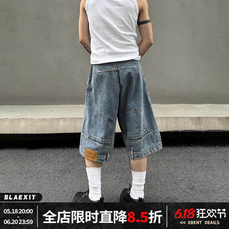 BLAEXIT【你裤子穿反了】美式复古反穿牛仔短裤男直筒倒装七分裤