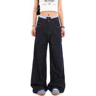 0123Start 深蓝色阔腿牛仔裤男女宽松美式水洗丹宁sagging直筒裤