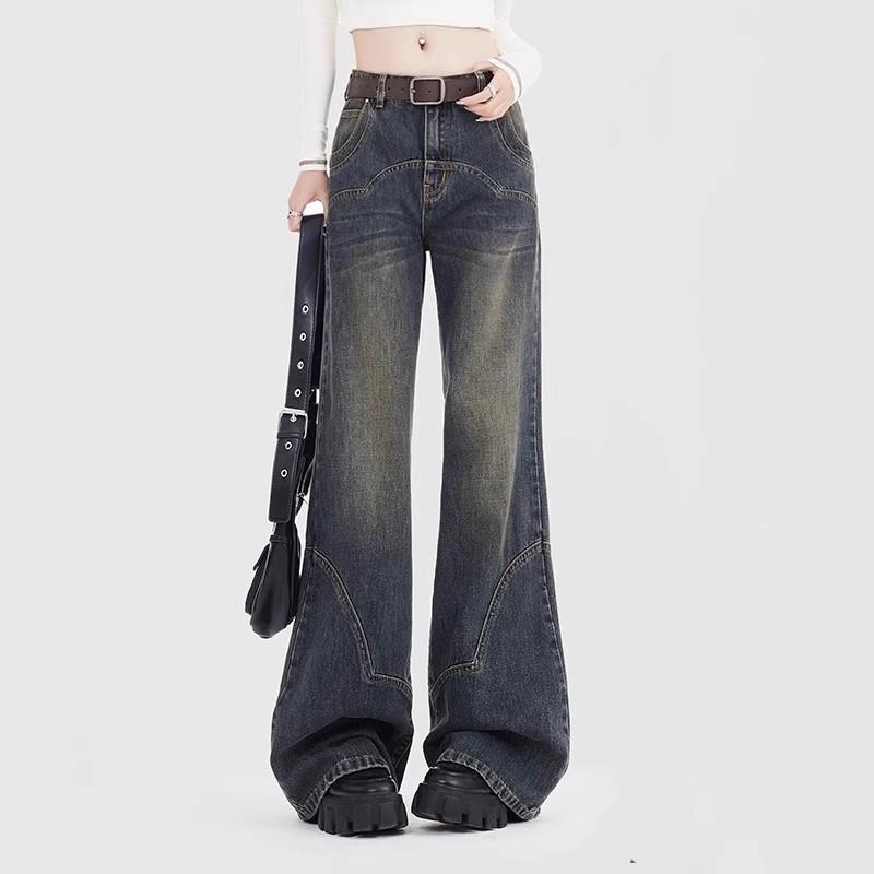 RJVO美式复古高腰微喇牛仔裤女新款宽松加绒设计感百搭阔腿直筒裤