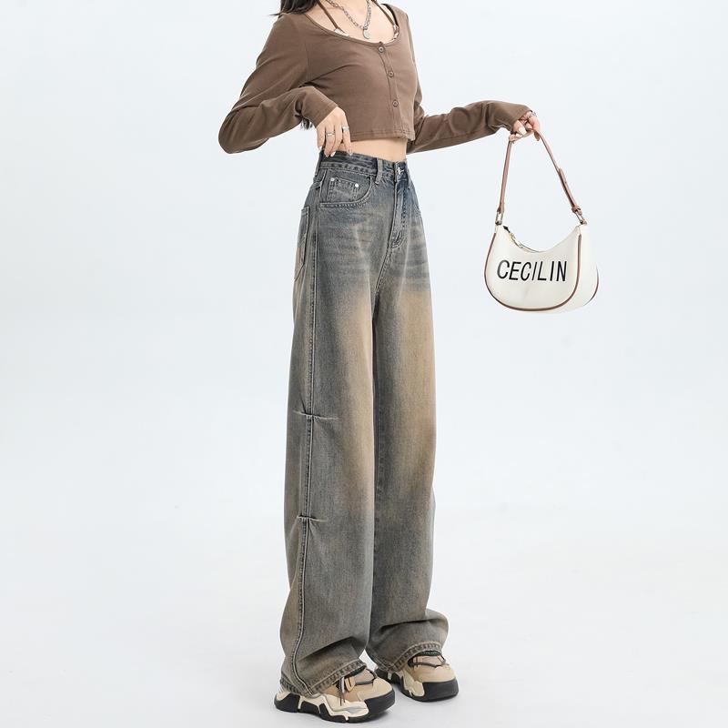 复古高腰阔腿牛仔裤女2025春秋新款美式宽松显瘦垂感直筒拖地裤子