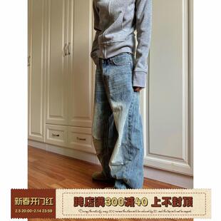 男女阔腿直筒百搭裤 复古cleanfit褶皱做旧牛仔裤 子 2024美式 F383