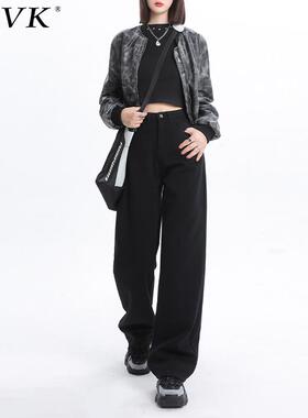 vfvk黑色牛仔裤加绒裤子女秋冬新款小个子窄版阔腿宽松显瘦直筒裤