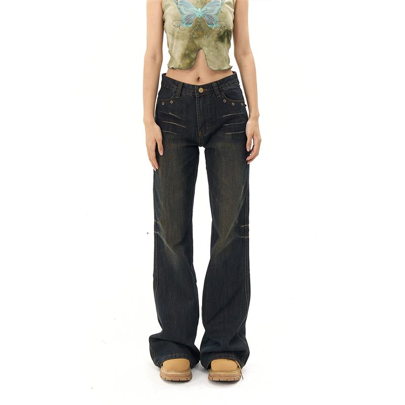 AGUA复古牛仔裤女高腰2024秋季新款修身显瘦小众微喇叭拖地长裤潮
