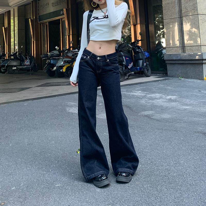 美式原牛色低腰微喇阔腿牛仔裤女秋冬新款不贴腿宽松直筒拖地裤子