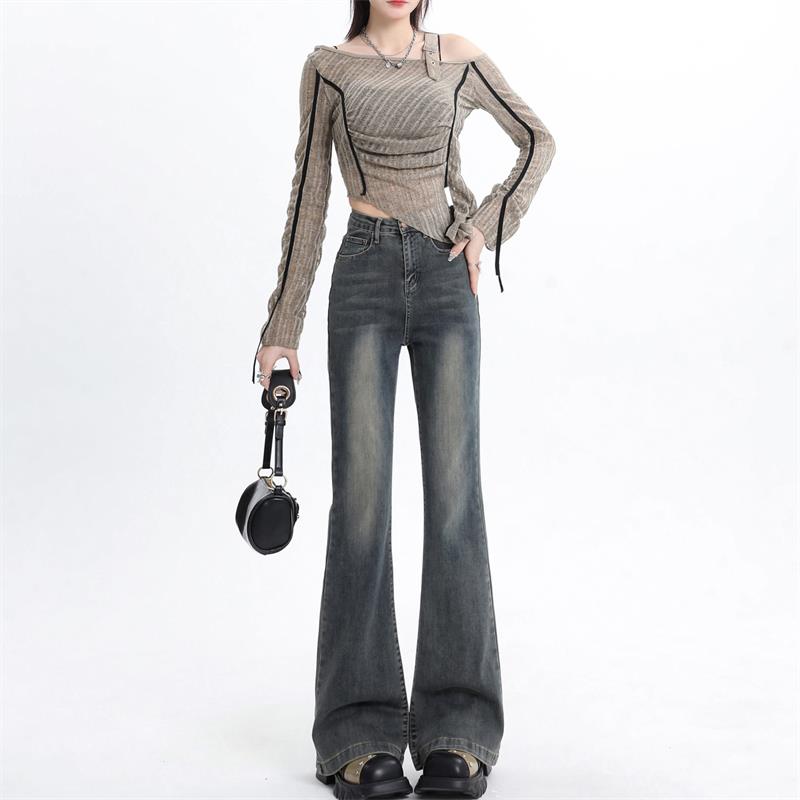 ZNZX2024秋冬新品美式辣妹高腰微喇牛仔裤弹力修身显瘦加绒拖地裤