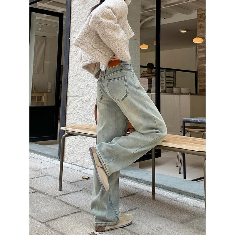 ZNZX2024春夏新品蓝色休闲百搭牛仔裤女低腰窄版直筒阔腿宽松长裤