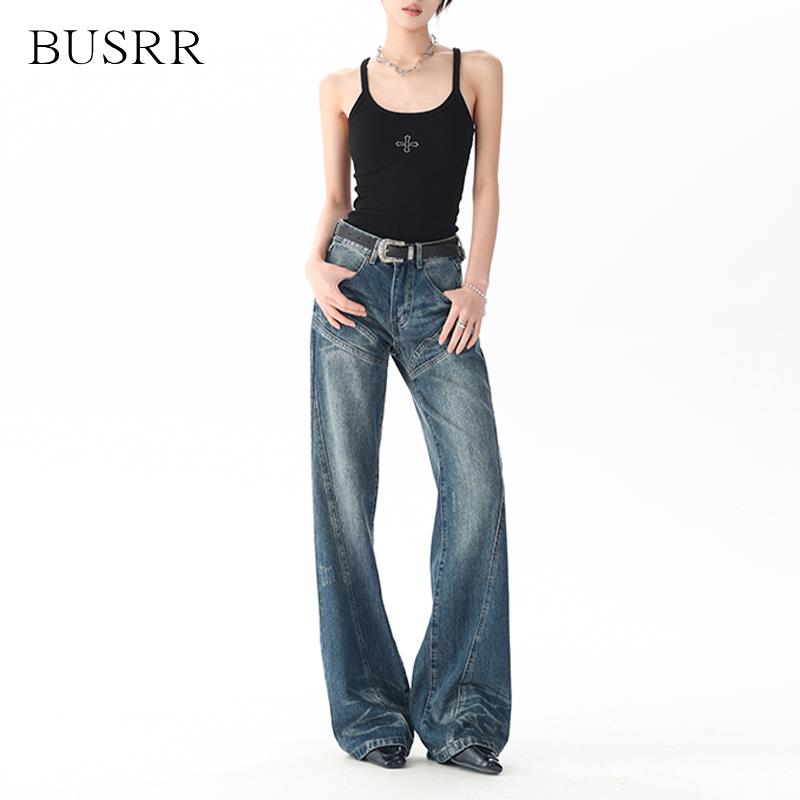 busrr美式复古牛仔裤女2025春秋水洗拼接不贴腿显瘦阔腿微喇叭裤