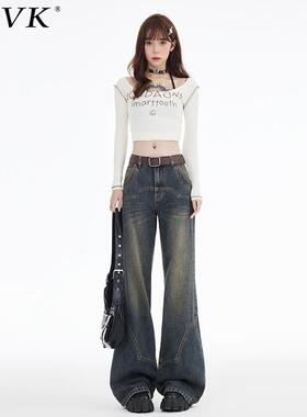 vfvk美式复古微喇牛仔裤女秋冬加厚加绒喇叭做旧高腰阔腿拖动裤子