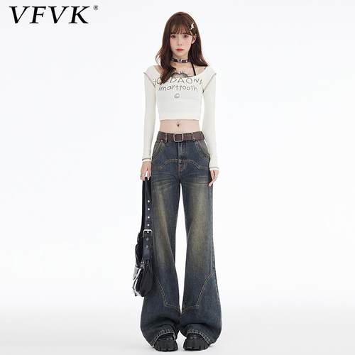 vfvk美式复古微喇牛仔裤女秋冬加厚加绒喇叭做旧高腰阔腿拖动裤子