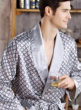 极速Mens Robe Nightgown Satizn Kimono Bathrobe Gown Casual