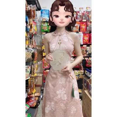 速发新中式国风女装改良旗袍粉色挂脖连衣裙夏季高级感气质收腰长