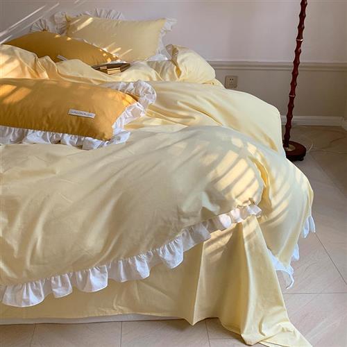 极速夏季四件套全棉公主t风荷叶花边纯色床上用品三件套床单床笠