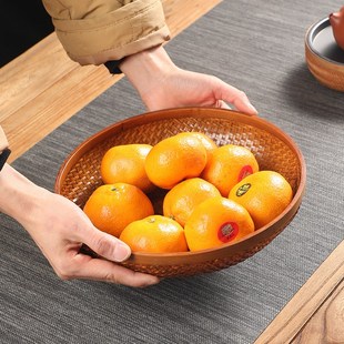 编织竹篮子茶点 手工竹编大漆水果篮家用圆形桌y面收纳筐复古中式
