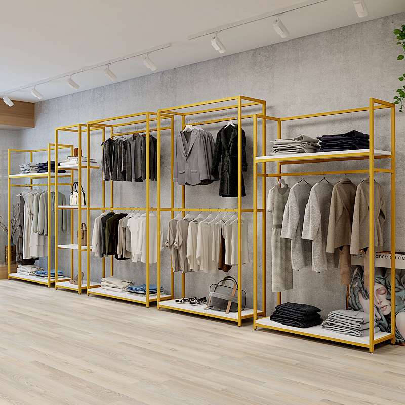 服装店金色展示架落地式男装货架陈列架中岛衣服架子双层侧挂衣架
