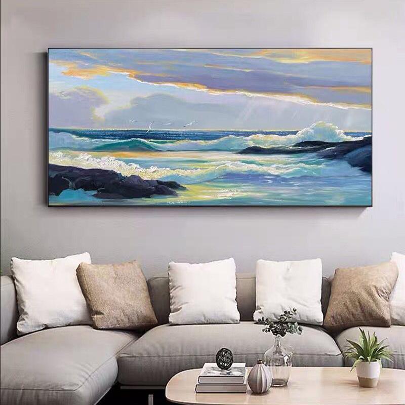 纯手绘油画客厅沙发背景海景装饰画手工绘制大海风景成品挂画