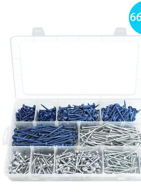 螺丝660pcs盒装四方槽华司头洗尾粗牙木工螺丝#8路锈宝蓝色镀螺钉