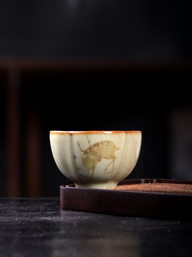 青玉汝窑描金福禄相伴主人杯中式茶盏汝瓷五福杯茶杯复古单品茗杯