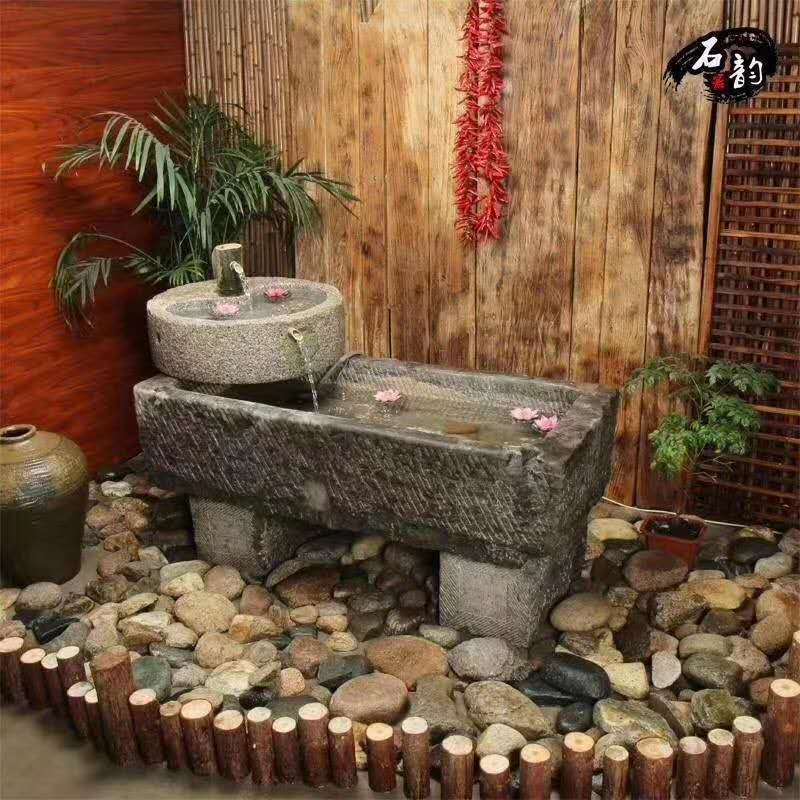 老石槽自组流水摆件磨盘刻字磨盘铺路石青石板铺路石青石茶台流水