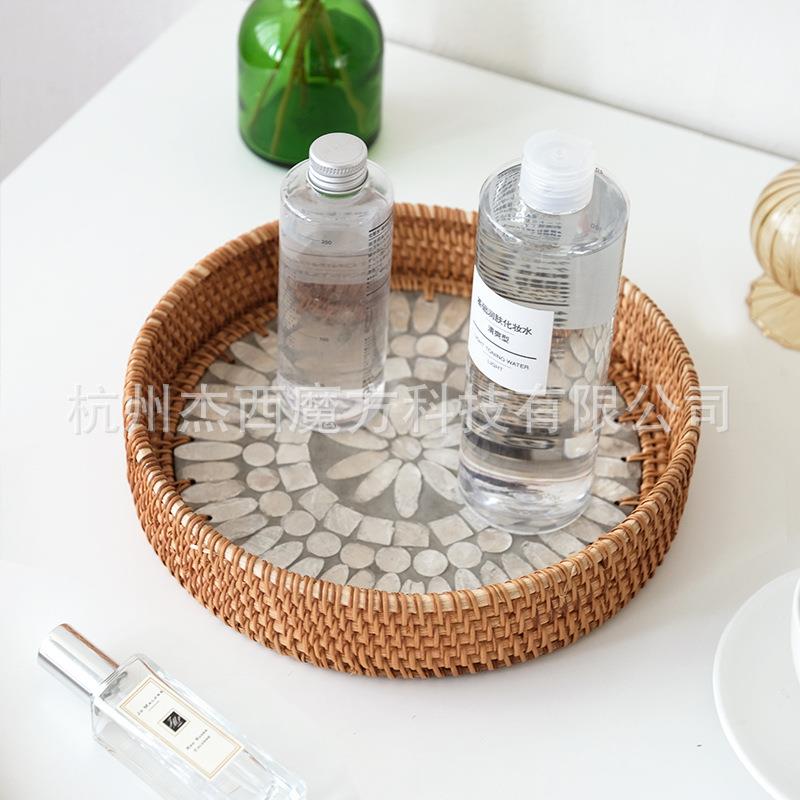 秋藤编织彩色贝壳贴片收纳盘装饰置物圆盘杂物收纳筐桌面收纳复古