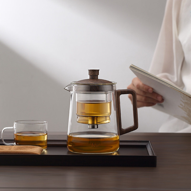 按压式一键过滤飘逸杯耐高温全玻璃内胆泡茶壶茶水分离胡桃木茶壶