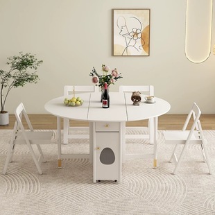 纯实木折叠餐桌椅子组合小户型省空间中古风收纳家用可变形圆