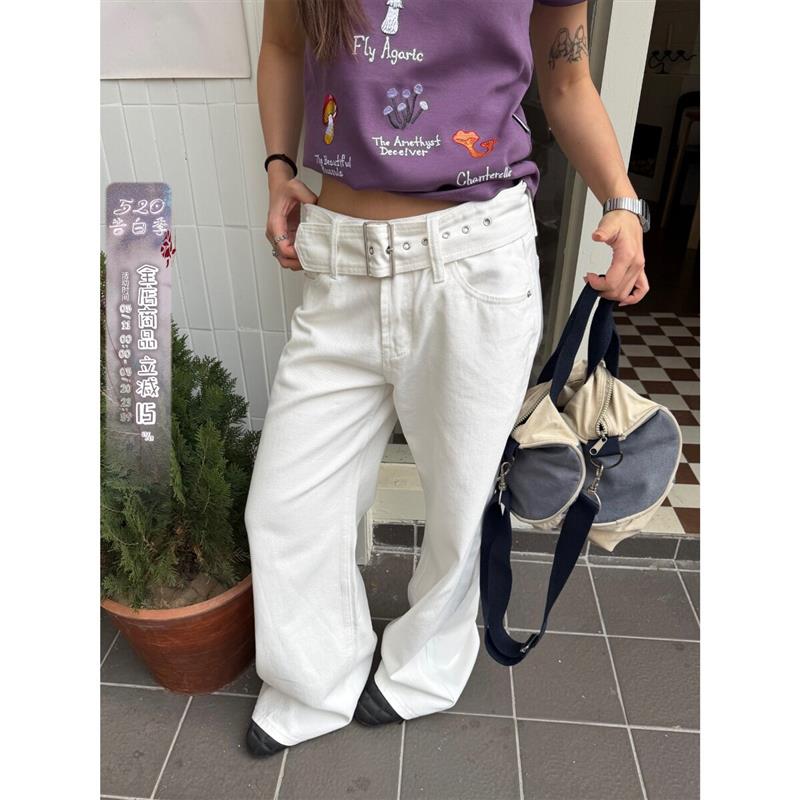 川川也中低腰直筒腰带设计感白色牛仔裤男女宽松美式休闲百搭长裤