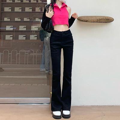 ZNZW黑色微喇叭牛仔裤女秋冬加绒弹力小个子九分高腰显瘦喇叭裤女