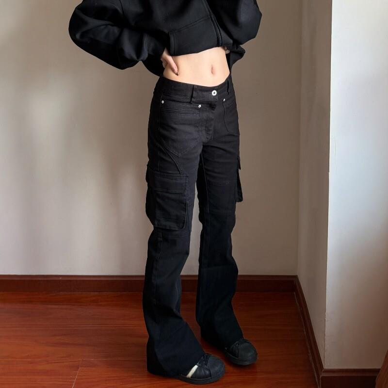 RedFire 复古美式黑色多口袋修身工装裤嘻哈直筒显瘦微喇叭裤男女